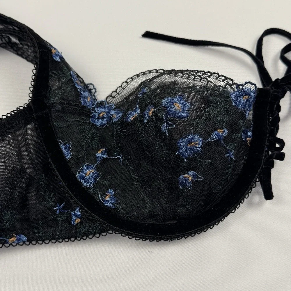 Fredericks Of Hollywood Womens Harlow Embroidered Mesh‎ Tie Front Bra Black 34 C